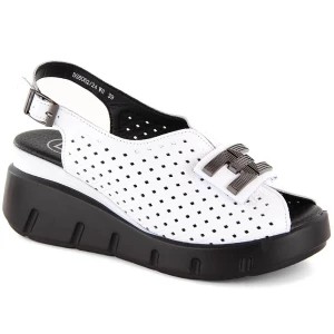 Zdjęcie produktu Skórzane sandały damskie na koturnie ażurowe białe Filippo DS6062