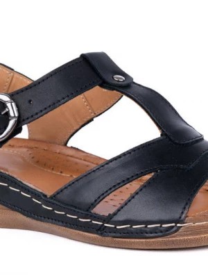 Zdjęcie produktu Skórzane Sandały damskie na szersze stopy komfortowe Łukbut czarne Merg