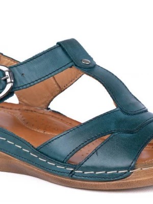 Zdjęcie produktu Skórzane Sandały damskie na szersze stopy komfortowe Łukbut szmaragdowe Merg