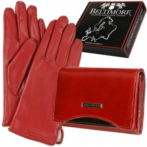 Zdjęcie produktu Skórzany portfel rękawiczki damskie zestaw prezent czerwony Merg