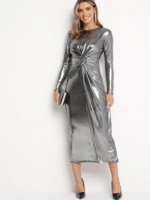 Zdjęcie produktu Srebrna Połyskująca Sukienka Maxi z Ozdobnym Węzłem Fabriana