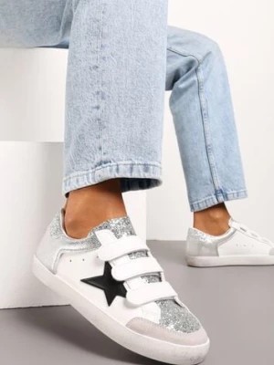 Zdjęcie produktu Srebrno-Białe Sneakersy Ozdobione Brokatem z Rzepami Dolanda