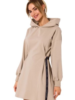 Zdjęcie produktu Sukienka bawełniana trapezowa jak bluza z kapturem beżowa Polski Producent