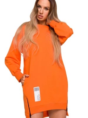 Zdjęcie produktu Sukienka bluza oversize asymetryczna bawełniana z zamkami pomarańczowa Polski Producent