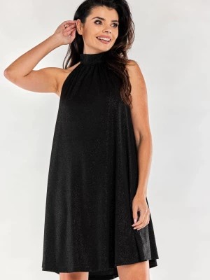 Zdjęcie produktu Sukienka błyszcząca brokatowa rozkloszowana z dekoltem halter czarna awama