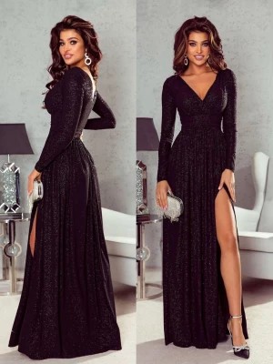 Zdjęcie produktu Sukienka czarna maxi brokatowa elegancka na długi rękaw balowa Promise2 PERFE