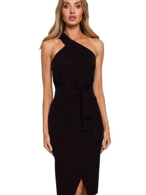 Zdjęcie produktu Sukienka elegancka ołówkowa na jedno ramię z rozcięciem czarna Sukienki.shop