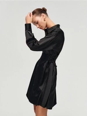 Zdjęcie produktu Sukienka gorsetowa z satynowanej tkaniny czarna House