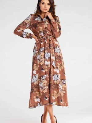 Zdjęcie produktu Sukienka koszulowa z długim rękawem paskiem brązowa w kwiaty awama