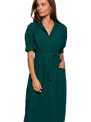 Zdjęcie produktu Sukienka koszulowa z paskiem kołnierzem i dużymi kieszeniami zielona Stylove