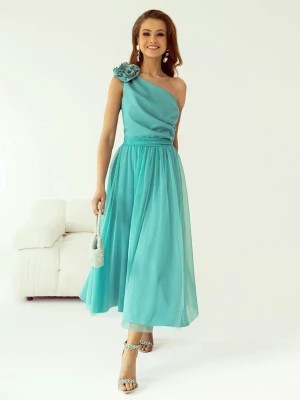 Zdjęcie produktu Sukienka Lori kolor morski na wesele rozkloszowana z tiulem na jedno ramię PERFE