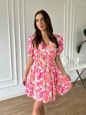 Zdjęcie produktu Sukienka Milano2 na krótki rękaw mini w pomarańczowe i różowe kwiaty PERFE