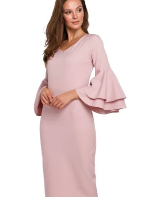 Zdjęcie produktu Sukienka na wesele elegancka midi z bufiastymi rękawami pudrowy róż Sukienki.shop