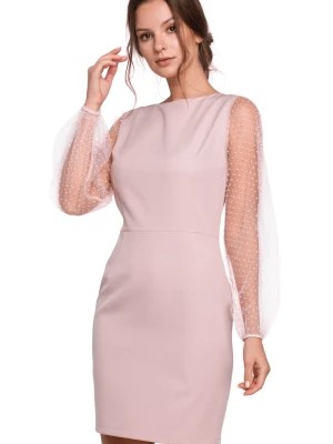 Zdjęcie produktu Sukienka na wesele wieczorowa z bufiastymi rękawami z siateczki różowa Sukienki.shop