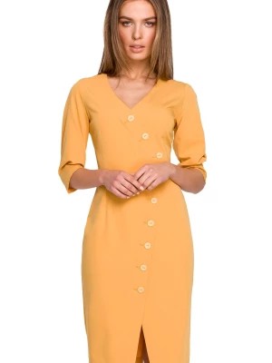 Zdjęcie produktu Sukienka ołówkowa kopertowa z dekoltem V i ozdobnymi guzikami żółta Sukienki.shop