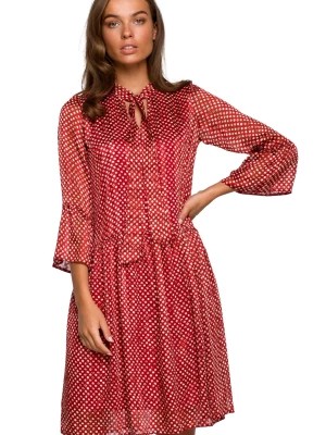 Zdjęcie produktu Sukienka rozkloszowana szyfonowa z dekoltem V czerwona w groszki Stylove