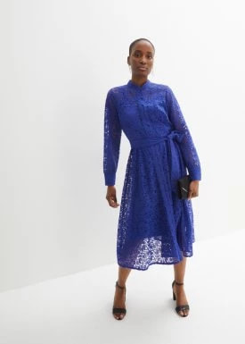 Zdjęcie produktu Sukienka szmizjerka koronkowa z halką i wiązanym paskiem (3 części) bonprix