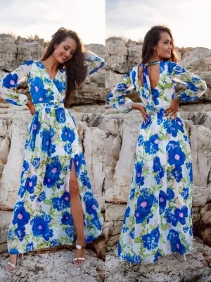 Zdjęcie produktu Sukienka szyfonowa biała w niebieskie kwiaty maxi z rozcięciem na nodze na długi rękaw z wiązaniem na plecach Choix2 PERFE