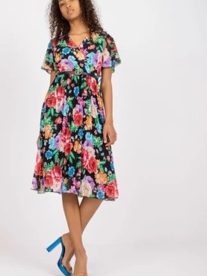 Zdjęcie produktu Sukienka w kolorowe kwiaty z krótkim rękawem - czarna Italy Moda