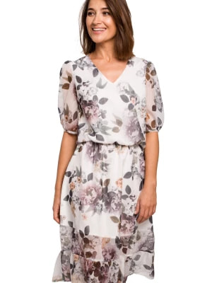 Zdjęcie produktu Sukienka w kwiaty midi szyfonowa z dekoltem V ekskluzywna biała Stylove