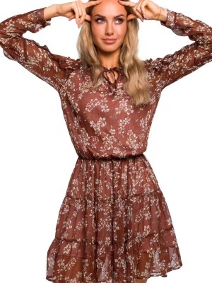 Zdjęcie produktu Sukienka w kwiaty szyfonowa z falbankami w stylu BOHO brązowa mini Polski Producent