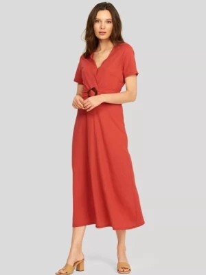 Zdjęcie produktu Sukienka z krótkim rękawem z ozdobnym paskiem - pomarańczowa Greenpoint