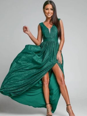 Zdjęcie produktu Sukienka zielona maxi brokatowa na grubych ramiączkach z rozcięciem na nodze Luxury PERFE
