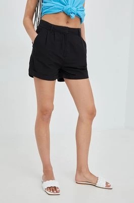 Zdjęcie produktu Superdry szorty lniane damskie kolor czarny gładkie high waist