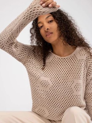 Zdjęcie produktu Sweter dla kobiet z kapturem - beżowy ażurowy RUE PARIS