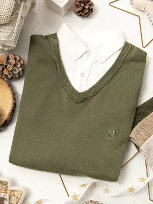 Zdjęcie produktu Sweter męski z białym kołnierzykiem - oliwkowy V5 E120
 -                                    L