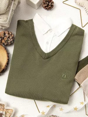 Zdjęcie produktu Sweter męski z białym kołnierzykiem - oliwkowy V5 E120
 -                                    M