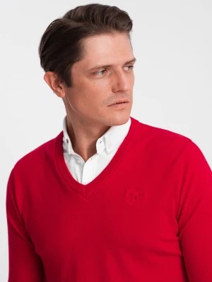 Zdjęcie produktu Sweter męski z dekoltem "w serek" z koszulowym kołnierzykiem - czerwony V4 OM-SWSW-0102
 -                                    L