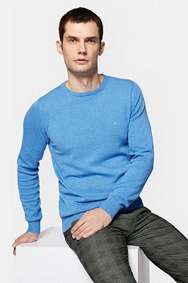 Zdjęcie produktu Sweter Niebieski z Bawełną Gładki Tony Lancerto