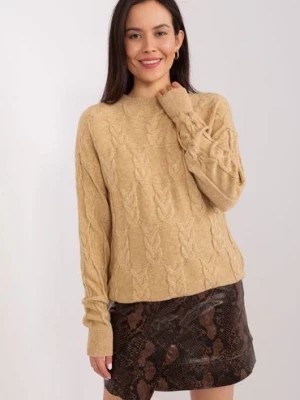 Zdjęcie produktu Sweter z warkoczami o luźnym kroju camelowy Wool Fashion Italia