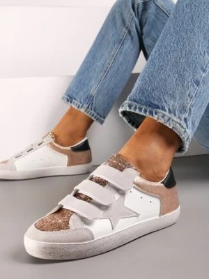 Zdjęcie produktu Szampańsko-Białe Sneakersy Ozdobione Brokatem z Rzepami Dolanda