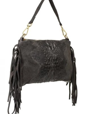 Zdjęcie produktu Szara damska włoska skórzana torebka frędzel pozioma szary, srebrny Merg