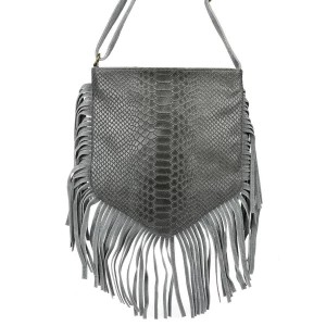 Zdjęcie produktu Szara damska włoska skórzana torebka z frędzlami listonoszka szary, srebrny Merg