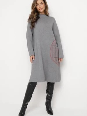 Zdjęcie produktu Szara Dzianinowa Sukienka Midi Ponczo w Trapezowym Stylu i z Ozdobną Kieszenią Thalorin