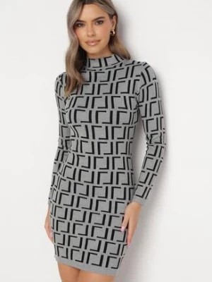 Zdjęcie produktu Szara Sukienka Mini ze Sweterkowego Materiału w Geometryczny Wzór Lenikes