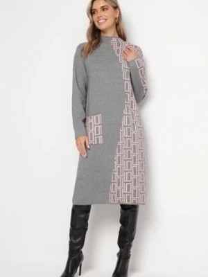 Zdjęcie produktu Szara Sweterkowa Sukienka Midi z Asymetrycznym Wzorem i Kieszenią Chantila