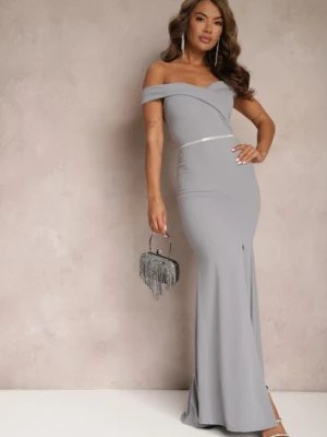 Zdjęcie produktu Szara Taliowana Sukienka Maxi z Rozcięciem Perlina