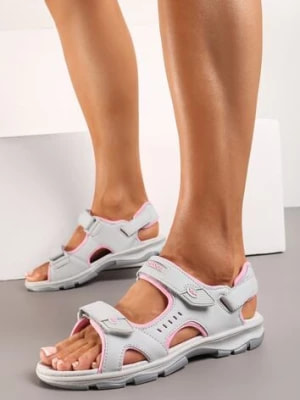 Zdjęcie produktu Szaro-Różowe Sportowe Sandały na Płaskiej Podeszwie ze Skórzaną Wkładką Zapinane na Rzep Frailla