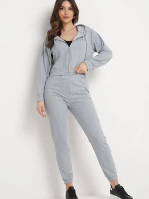 Zdjęcie produktu Szary 2-Częściowy Komplet Dresowy z Krótką Bluzą z Kapturem i Luźnymi Spodniami Avifa