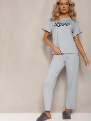 Zdjęcie produktu Szary 2-Częściowy Komplet Piżamowy Koszulka z Napisem i Proste Spodnie Niela