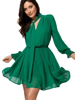 Zdjęcie produktu Szyfonowa sukienka koktajlowa z bufiastymi rękawami zielona Makover