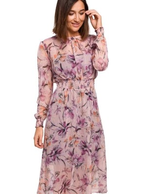 Zdjęcie produktu Szyfonowa sukienka w kwiaty z gumą w pasie długi rękaw różowa Stylove
