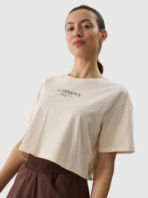 Zdjęcie produktu T-shirt crop top z nadrukiem damski - kremowy 4F
