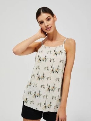 Zdjęcie produktu T-shirt damski z cienkimi ramiączkami w kwiaty - beżowy Moodo