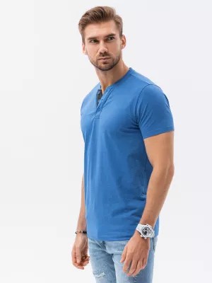 Zdjęcie produktu T-shirt męski bez nadruku z guzikami - niebieski melanż V2 S1390
 -                                    L