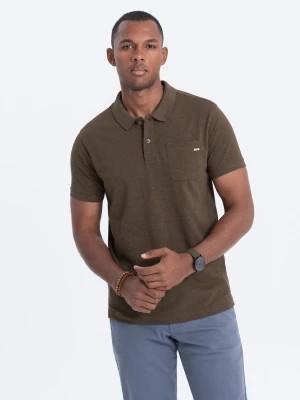 Zdjęcie produktu T-shirt męski polo z ozdobnymi guzikami - ciemnooliwkowa V5 S1744
 -                                    M